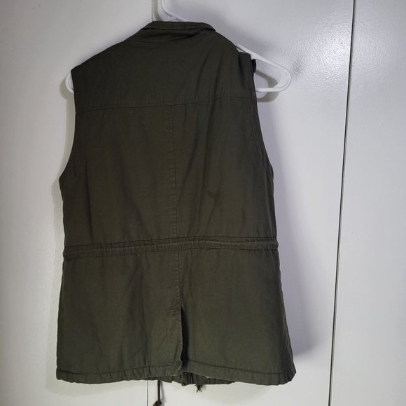 C'ESTTOI Vest Women S Green Fuzzy Lining Cinch Drawstring Waist Zip Snaps Milita - Picture 2 of 11